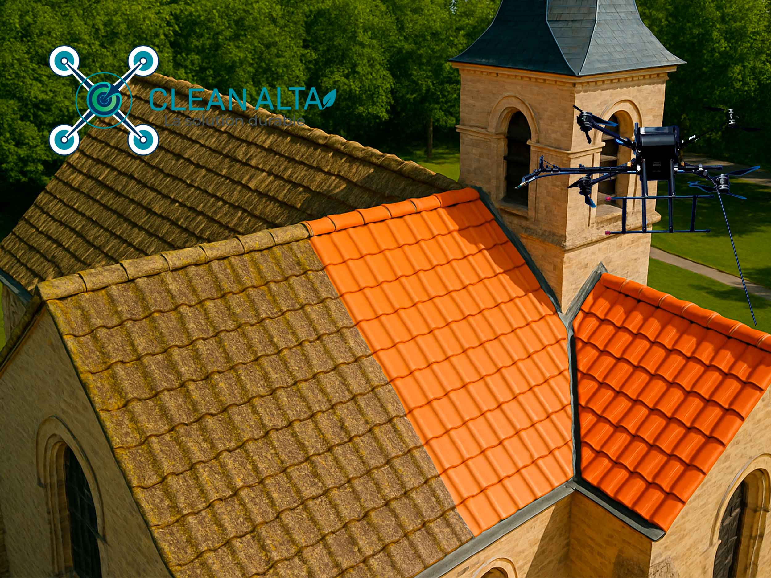 Drone nettoyant une toiture de maison à Versailles