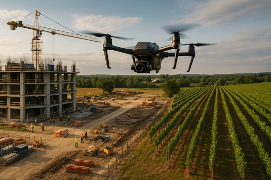 Métiers et débouchés du drone - illustration : drone survolant chantier et vignoble
