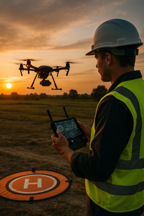 Guide CATS et STS 01‑02 : élève télépilote en formation pilotant un drone au crépuscule