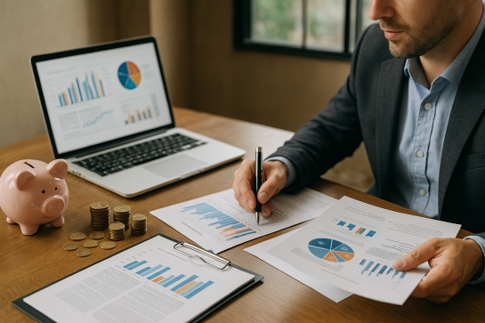 Financement de la formation drone – illustration : analyste financier, tirelire et graphiques