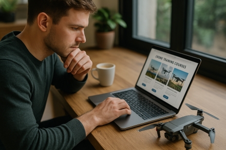 Choisir sa formation drone - illustration : professionnel comparant des formations en ligne avec un drone &agrave; ses c&ocirc;t&eacute;s