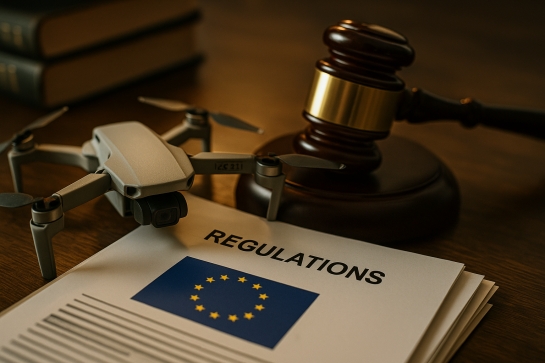 Réglementation EASA et DGAC - illustration : drone, maillet de juge et réglement UE